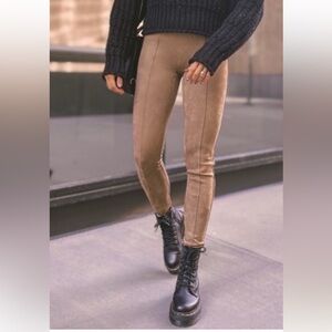 SPANX Faux-Suede Leggings in Tan with Black Boots